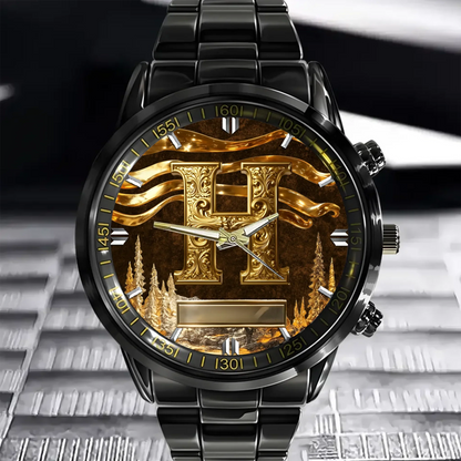 Customized Metal-look Dial Pattern Watch - Personalized Name and Initial - Memento Gift,Gift for Him/Her