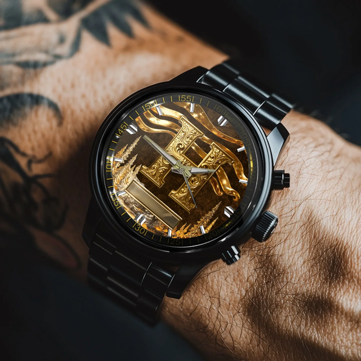 Customized Metal-look Dial Pattern Watch - Personalized Name and Initial - Memento Gift,Gift for Him/Her
