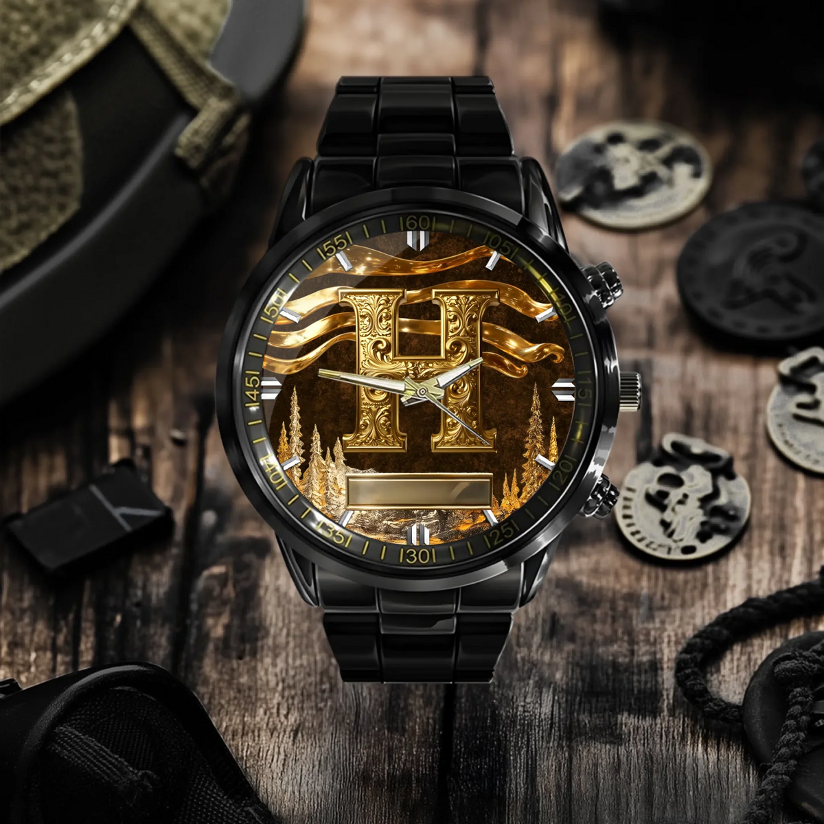 Customized Metal-look Dial Pattern Watch - Personalized Name and Initial - Memento Gift,Gift for Him/Her