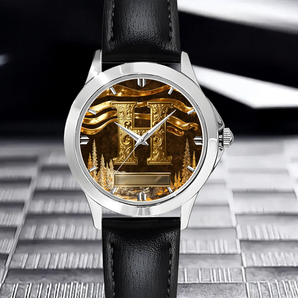 Customized Metal-look Dial Pattern Watch - Personalized Name and Initial - Memento Gift,Gift for Him/Her