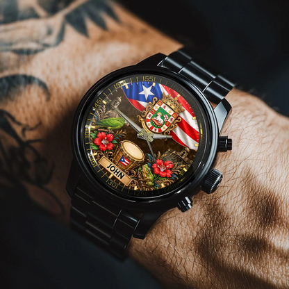 Puerto Rican Pride Watch - Personalized Name & Coat Of Arms Watch - Gift For Proud Puerto Ricans
