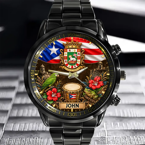 Puerto Rican Pride Watch - Personalized Name & Coat Of Arms Watch - Gift For Proud Puerto Ricans