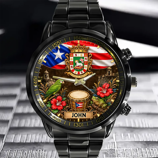 Puerto Rican Pride Watch - Personalized Name & Coat Of Arms Watch - Gift For Proud Puerto Ricans