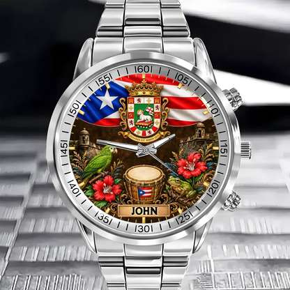 Puerto Rican Pride Watch - Personalized Name & Coat Of Arms Watch - Gift For Proud Puerto Ricans