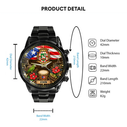 Puerto Rican Pride Watch - Personalized Name & Coat Of Arms Watch - Gift For Proud Puerto Ricans