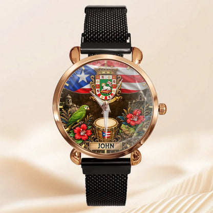 Puerto Rican Pride Watch - Personalized Name & Coat Of Arms Watch - Gift For Proud Puerto Ricans