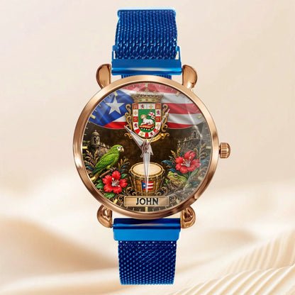 Puerto Rican Pride Watch - Personalized Name & Coat Of Arms Watch - Gift For Proud Puerto Ricans