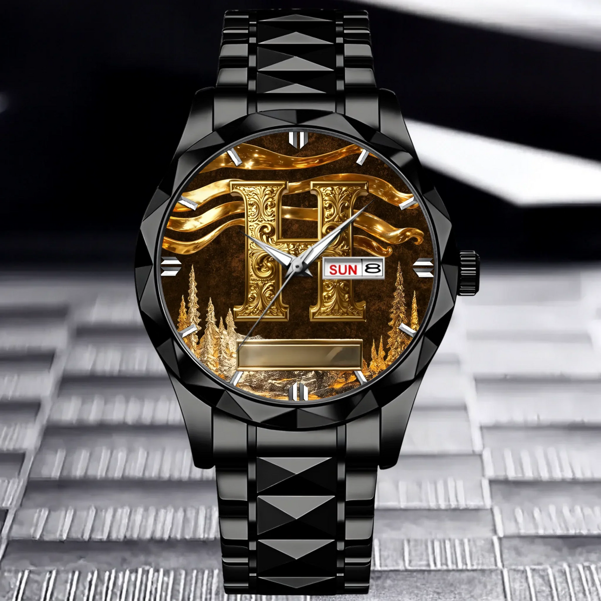 Customized Metal-look Dial Pattern Watch - Personalized Name and Initial - Memento Gift,Gift for Him/Her