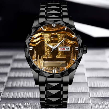 Customized Metal-look Dial Pattern Watch - Personalized Name and Initial - Memento Gift,Gift for Him/Her
