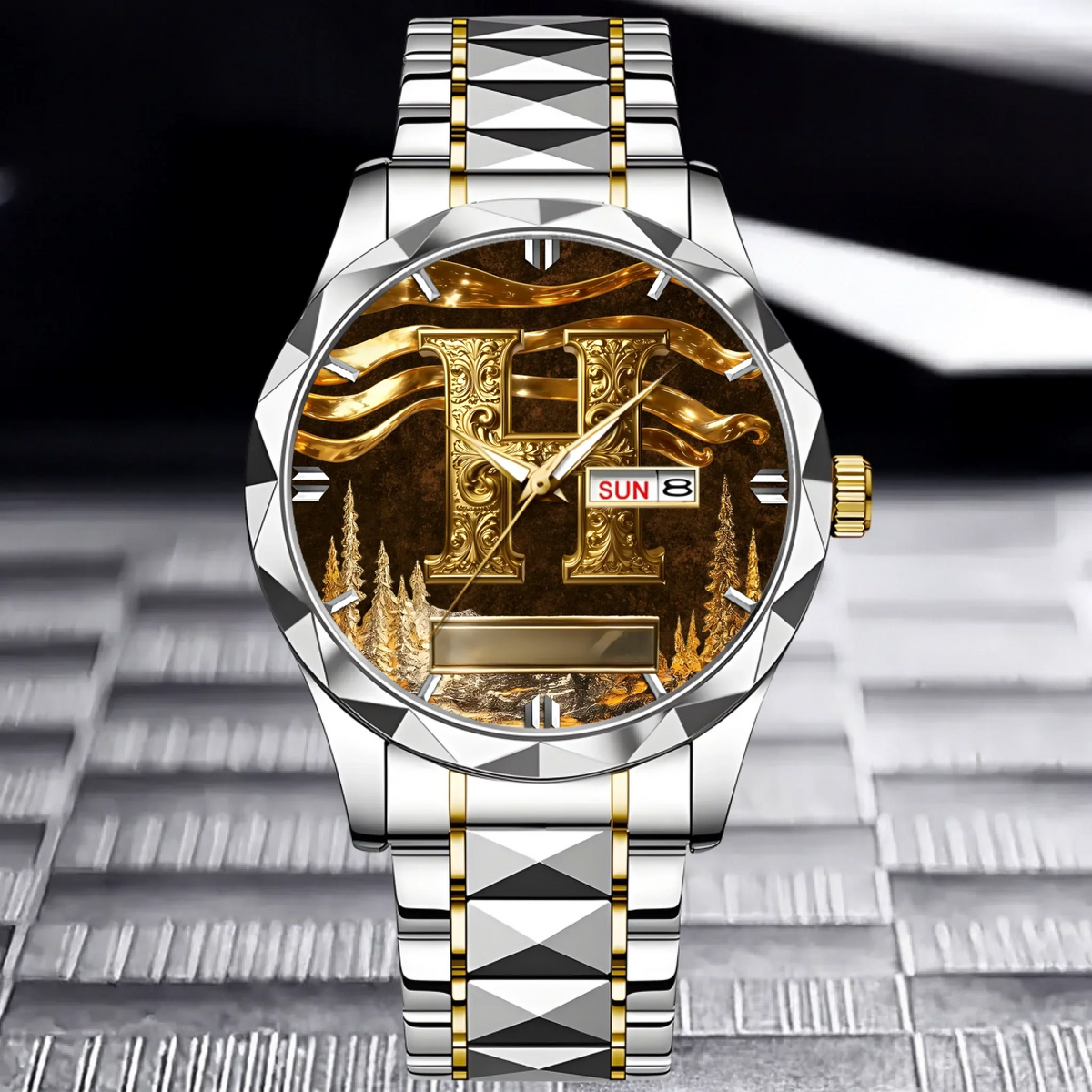 Customized Metal-look Dial Pattern Watch - Personalized Name and Initial - Memento Gift,Gift for Him/Her