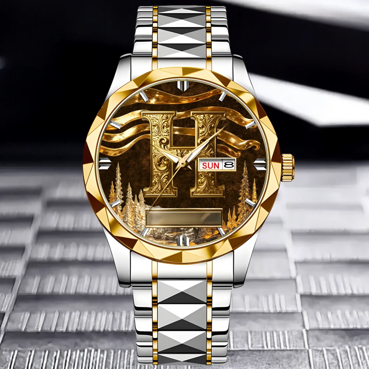 Customized Metal-look Dial Pattern Watch - Personalized Name and Initial - Memento Gift,Gift for Him/Her