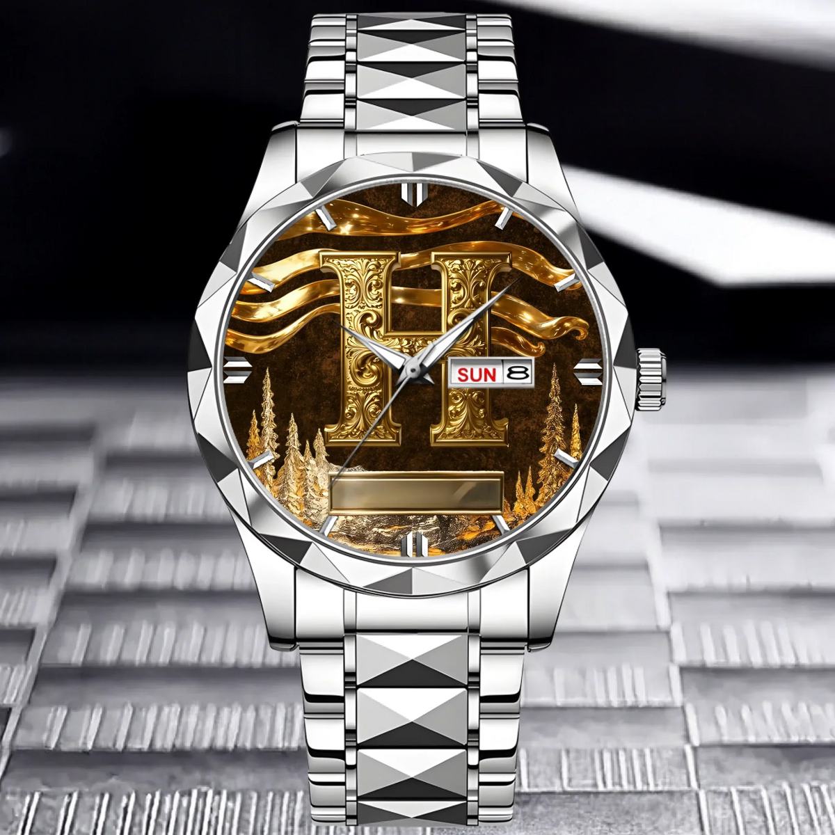 Customized Metal-look Dial Pattern Watch - Personalized Name and Initial - Memento Gift,Gift for Him/Her