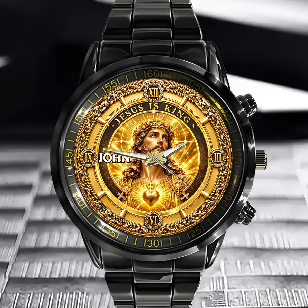 Personalized Jesus Is King Watch - Custom Name Sacred Heart Christian Watch - Gift For Christians