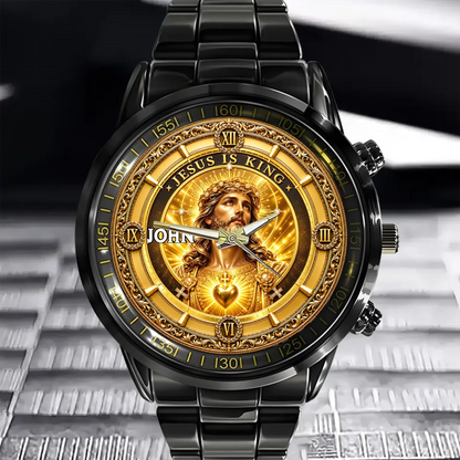 Personalized Jesus Is King Watch - Custom Name Sacred Heart Christian Watch - Gift For Christians