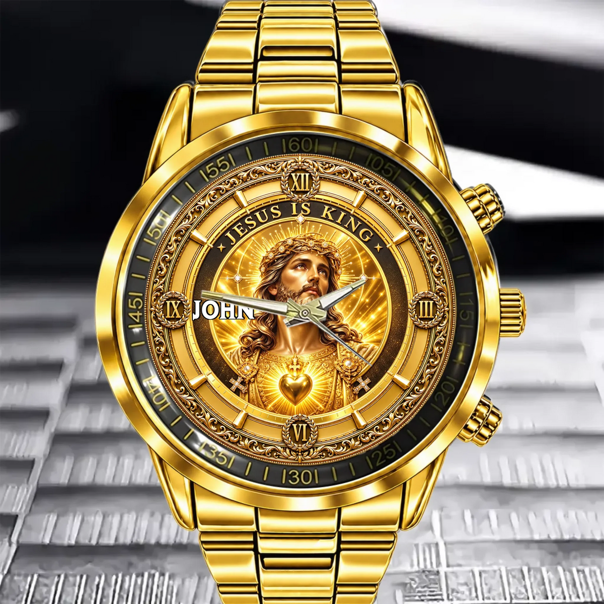 Personalized Jesus Is King Watch - Custom Name Sacred Heart Christian Watch - Gift For Christians