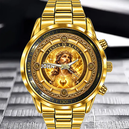 Personalized Jesus Is King Watch - Custom Name Sacred Heart Christian Watch - Gift For Christians