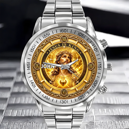 Personalized Jesus Is King Watch - Custom Name Sacred Heart Christian Watch - Gift For Christians