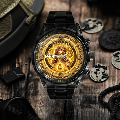Personalized Jesus Is King Watch - Custom Name Sacred Heart Christian Watch - Gift For Christians