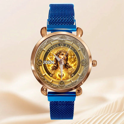 Personalized Jesus Is King Watch - Custom Name Sacred Heart Christian Watch - Gift For Christians