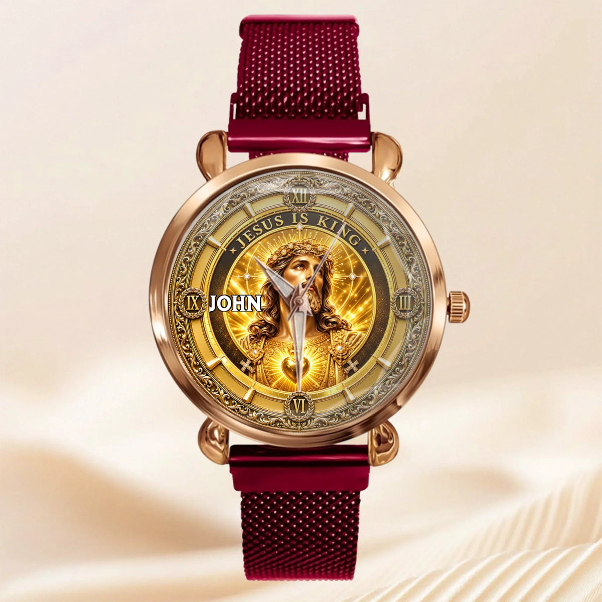 Personalized Jesus Is King Watch - Custom Name Sacred Heart Christian Watch - Gift For Christians
