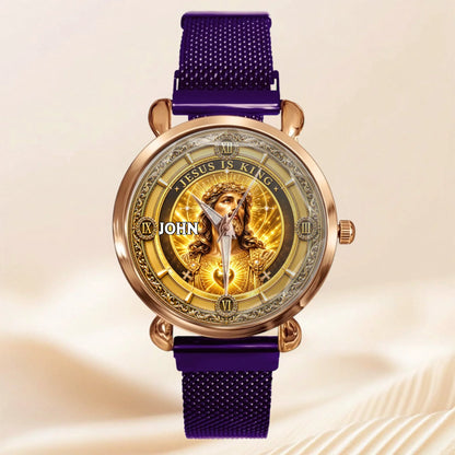 Personalized Jesus Is King Watch - Custom Name Sacred Heart Christian Watch - Gift For Christians