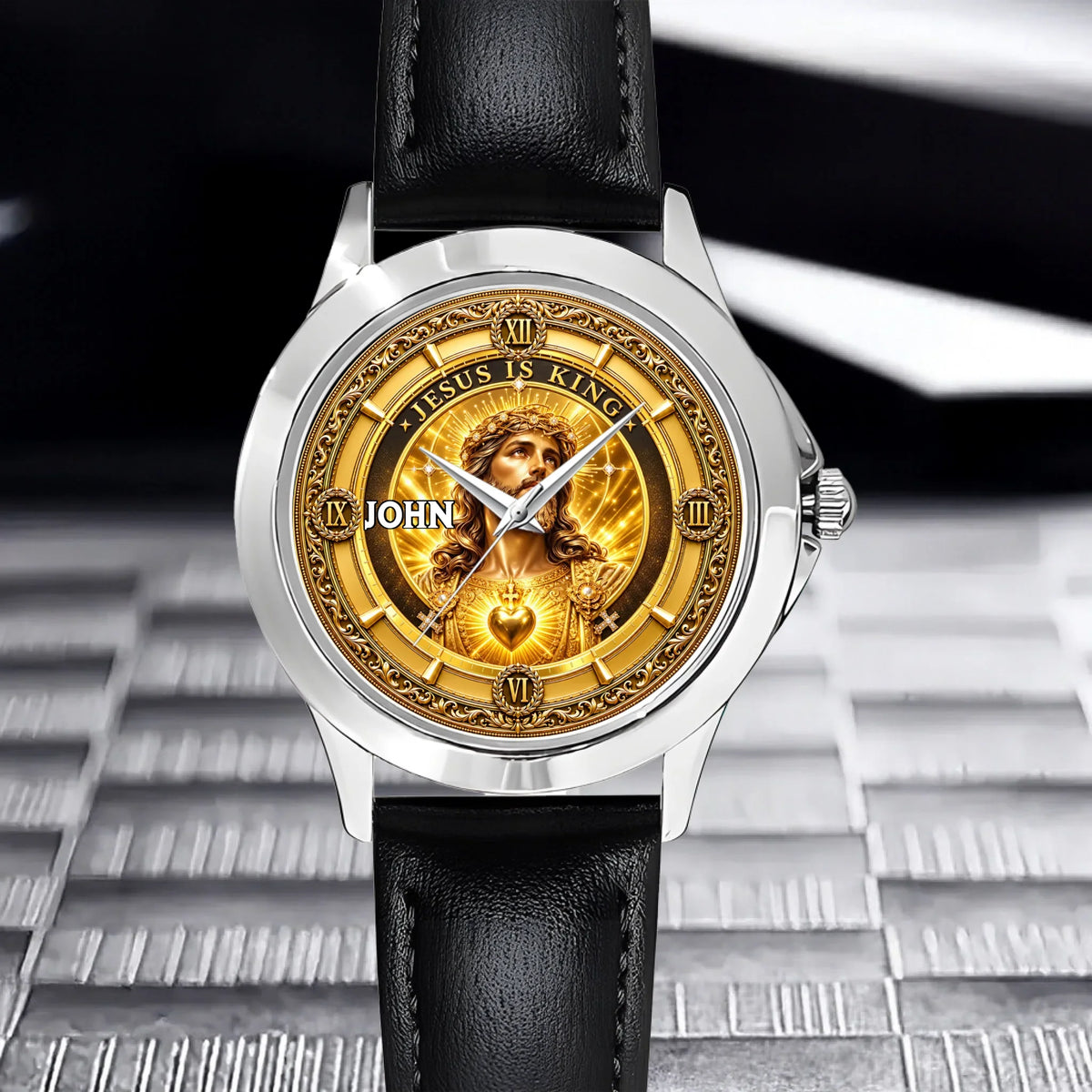 Personalized Jesus Is King Watch - Custom Name Sacred Heart Christian Watch - Gift For Christians
