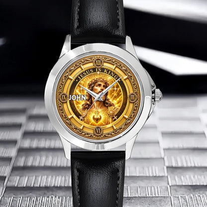 Personalized Jesus Is King Watch - Custom Name Sacred Heart Christian Watch - Gift For Christians
