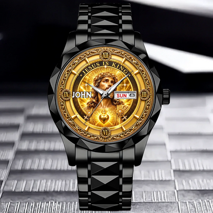 Personalized Jesus Is King Watch - Custom Name Sacred Heart Christian Watch - Gift For Christians