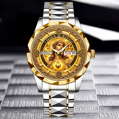 Personalized Jesus Is King Watch - Custom Name Sacred Heart Christian Watch - Gift For Christians