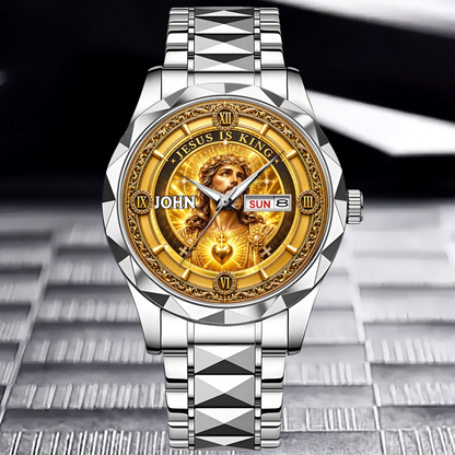 Personalized Jesus Is King Watch - Custom Name Sacred Heart Christian Watch - Gift For Christians